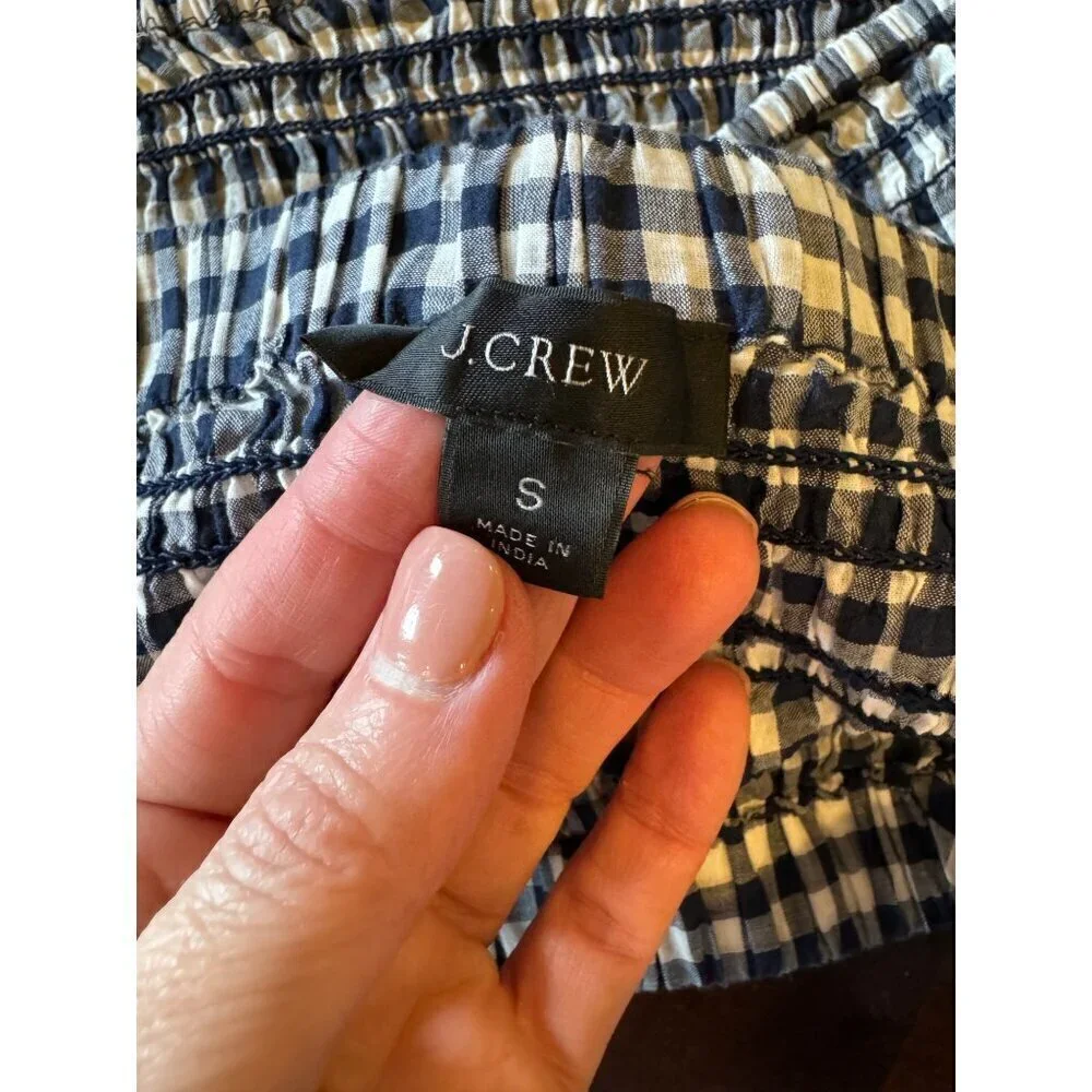 J Crew Shirt Women Small Navy Blue White Cotton Gingham Smocked‎ Cropped Top